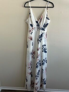 L'ATISTE  Elegant Ivory Jumpsuit with Pink Floral and Navy Leaves